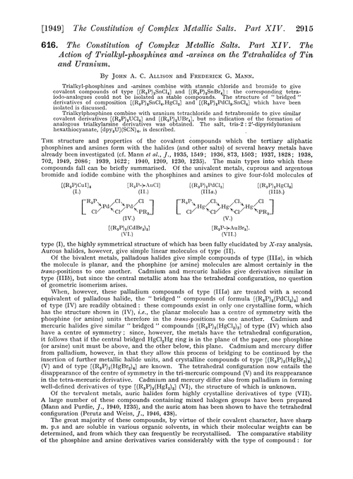 616. The constitution of complex metallic salts. Part XIV. The action of trialkyl-phosphines and -arsines on the tetrahalides of tin and uranium