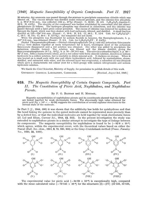 618. The magnetic susceptibility of certain organic compounds. Part II. The constitution of picric acid, naphthalene, and naphthalene picrate