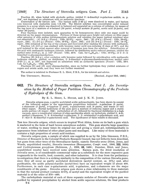 662. The structure of Sterculia setigera gum. Part I. An investigation by the method of paper partition chromatography of the products of hydrolysis of the gum