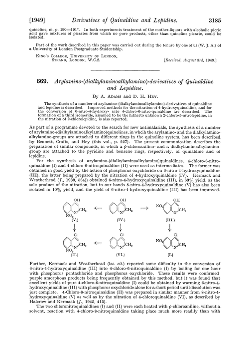 669. Arylamino-(dialkylaminoalkylamino)-derivatives of quinaldine and lepidine