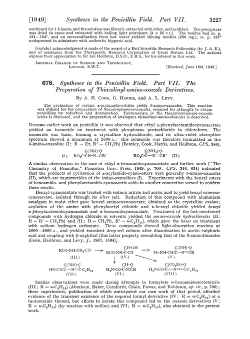 678. Syntheses in the penicillin field. Part VII. The preparation of thiazolinyl-amino-oxazole derivatives