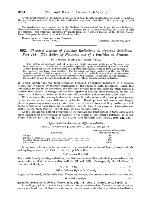 682. Chemical actions of ionising radiations on aqueous solutions. Part III. The action of neutrons and of α-particles on benzene