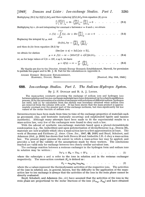 688. Ion-exchange studies. Part I. The sodium–hydrogen system
