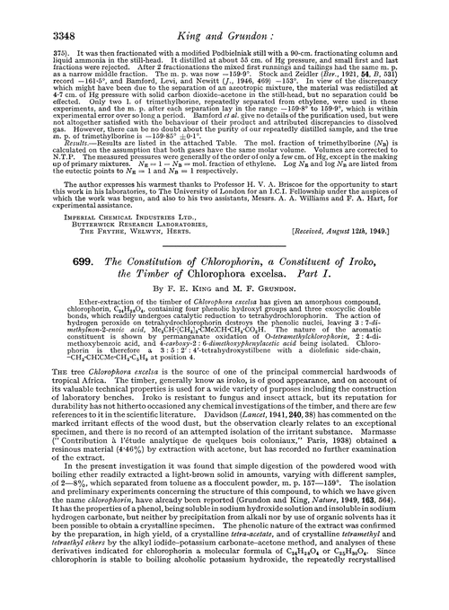 699. The constitution of chlorophorin, a constituent of iroko, the timber of Chlorophora excelsa. Part I