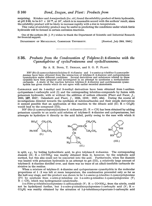 S 35. Products from the condensation of tolylene-2:4-diamine with the cyanohydrins of cyclopentanone and cyclohexanone