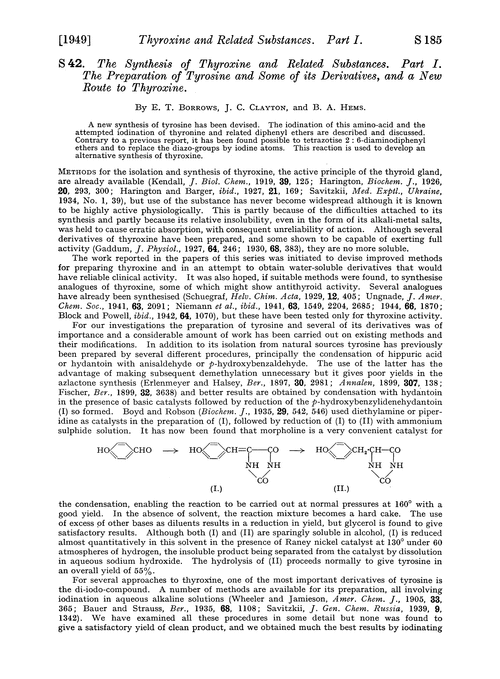 S 42. The synthesis of thyroxine and related substances. Part I. The preparation of tyrosine and some of its derivatives, and a new route to thyroxine