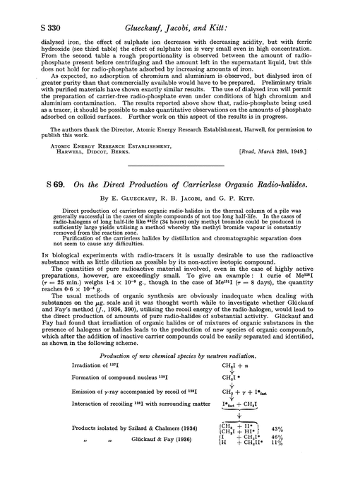 S 69. On the direct production of carrierless organic radio-halides