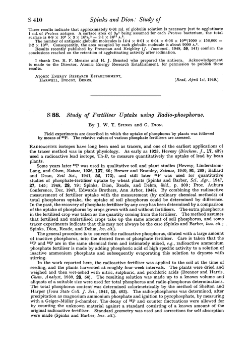 S 88. Study of fertiliser uptake using radio-phosphorus