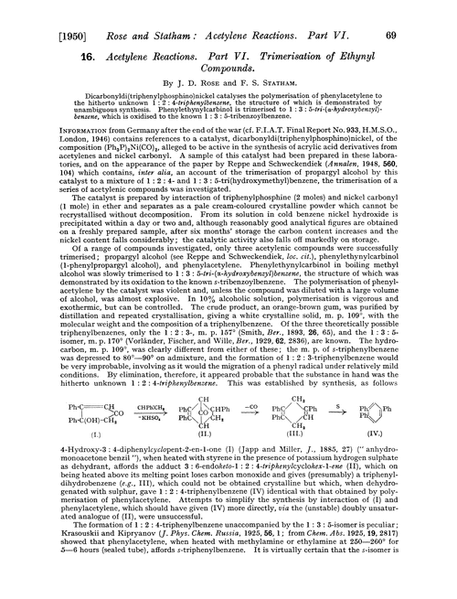 16. Acetylene reactions. Part VI. Trimerisation of ethynyl compounds