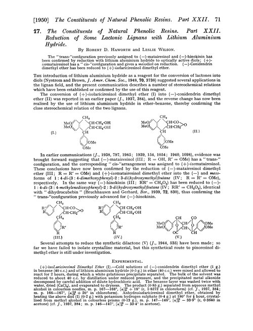 17. The constituents of natural phenolic resins. Part XXII. Reduction of some lactonic lignans with lithium aluminium hydride