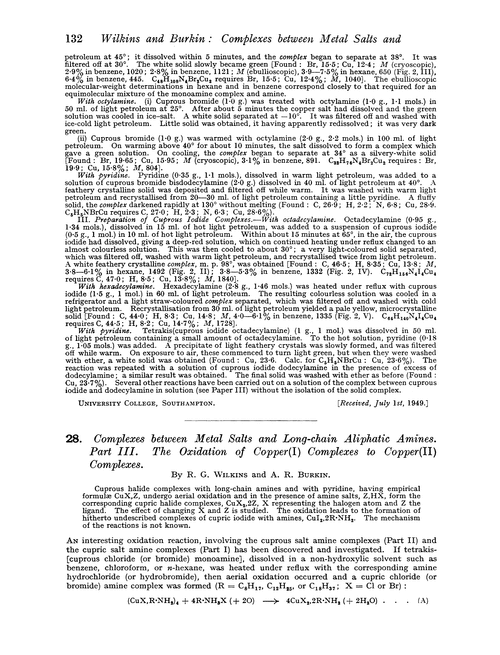 28. Complexes between metal salts and long-chain aliphatic amines. Part III. The oxidation of copper(I) complexes to copper(II) complexes
