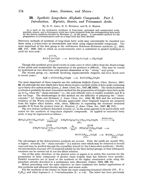 38. Synthetic long-chain aliphatic compounds. Part I. Introduction. Myristic, stearic, and tricosanoic acids