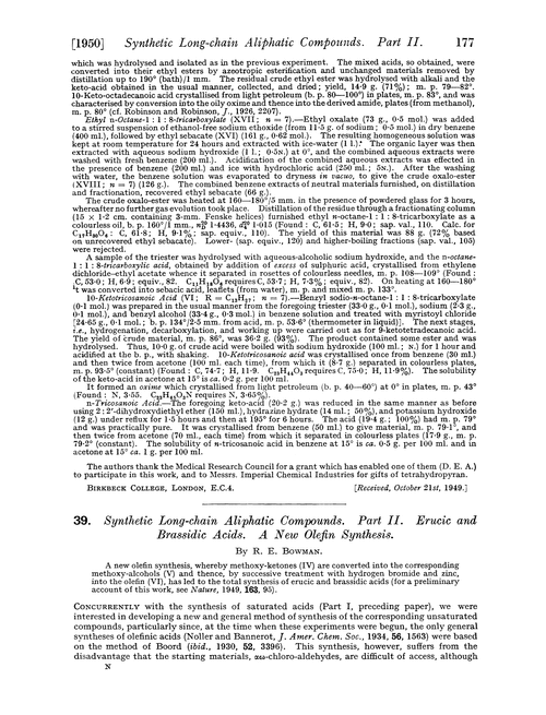 39. Synthetic long-chain aliphatic compounds. Part II. Erucic and brassidic acids. A new olefin synthesis