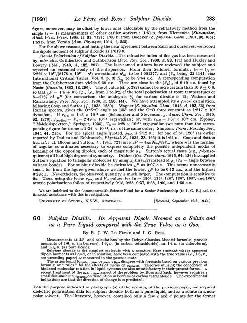 60. Sulphur dioxide. Its apparent dipole moment as a solute and as a pure liquid compared with the true value as a gas