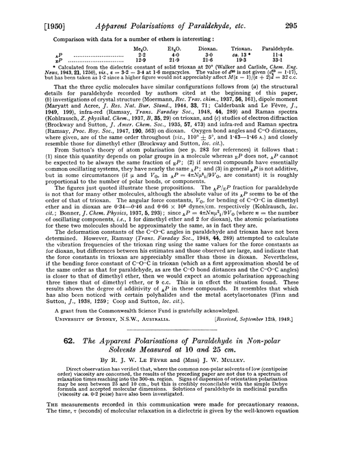 62. The apparent polarisations of paraldehyde in non-polar solvents measured at 10 and 25 cm