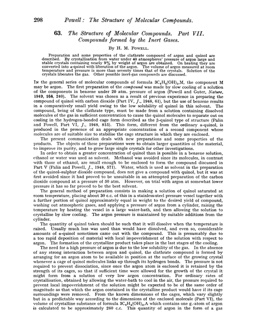 63. The structure of molecular compounds. Part VII. Compounds formed by the inert gases