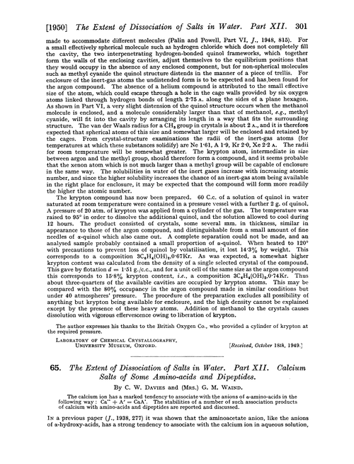 65. The extent of dissociation of salts in water. Part XII. Calcium salts of some amino-acids and dipeptides