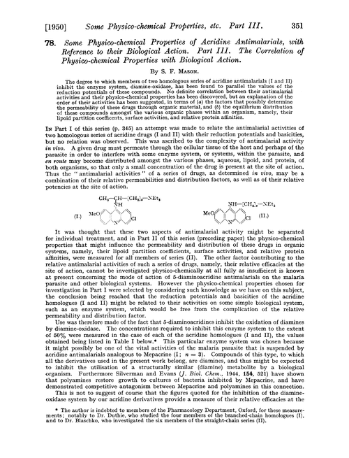 78. Some physico-chemical properties of acridine antimalarials, with reference to their biological action. Part III. The correlation of physico-chemical properties with biological action