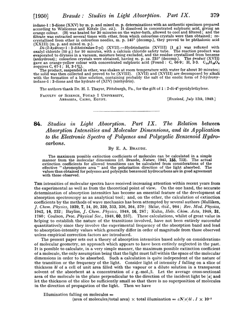 84. Studies in light absorption. Part IX. The relation between absorption intensities and molecular dimensions, and its application to the electronic spectra of polyenes and polycyclic benzenoid hydrocarbons