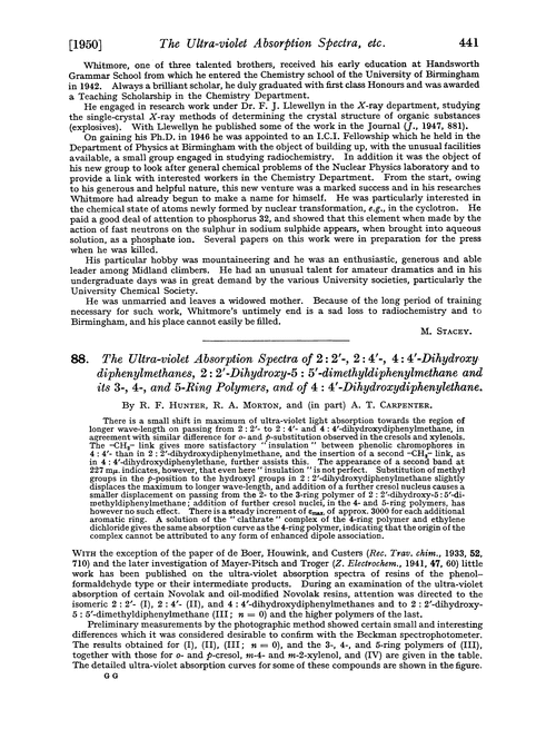 88. The ultra-violet absorption spectra of 2 : 2′-, 2 : 4′-, 4 : 4′-dihydroxydiphenylmethanes, 2 : 2′-dihydroxy-5 : 5′-dimethyldiphenylmethane and its 3-, 4-, and 5-ring polymers, and of 4 : 4′-dihydroxydiphenylethane