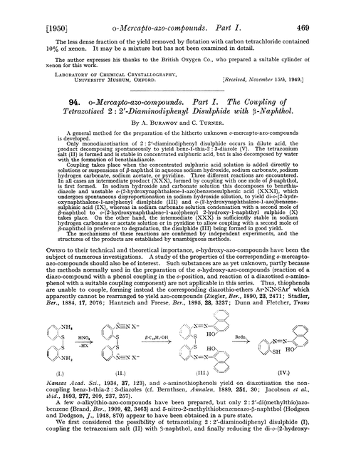 94. o-Mercapto-azo-compounds. Part I. The coupling of tetrazotised 2 : 2′-diaminodiphenyl disulphide with β-naphthol