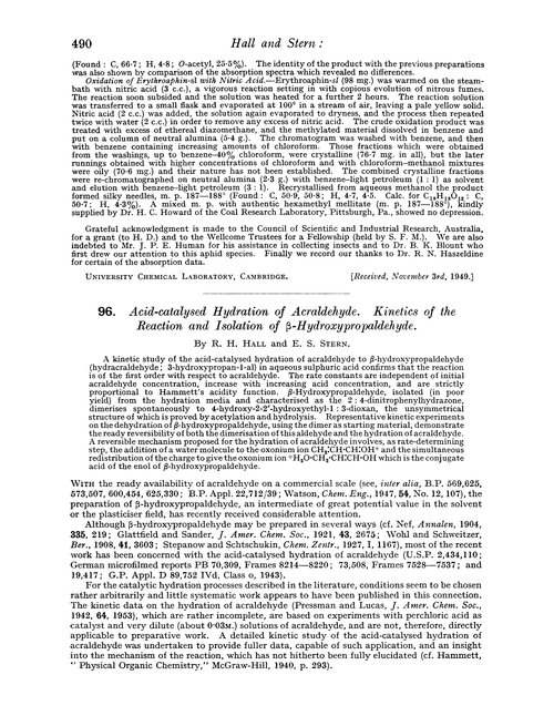96. Acid-catalysed hydration of acraldehyde. Kinetics of the reaction and isolation of β-hydroxypropaldehyde