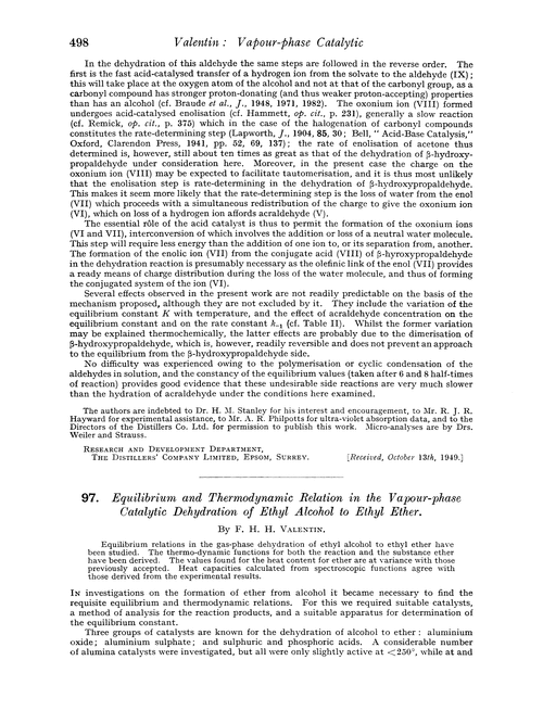 97. Equilibrium and thermodynamic relation in the vapour-phase catalytic dehydration of ethyl alcohol to ethyl ether