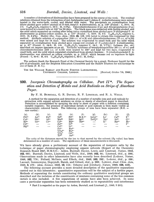100. Inorganic chromatography on cellulose. Part II. The separation and detection of metals and acid radicals on strips of absorbent paper