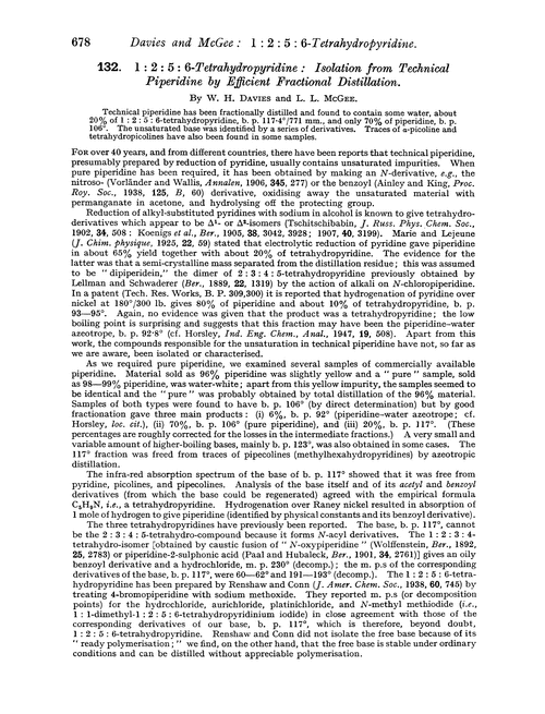 132. 1 : 2 : 5 : 6-Tetrahydropyridine: isolation from technical piperidine by efficient fractional distillation