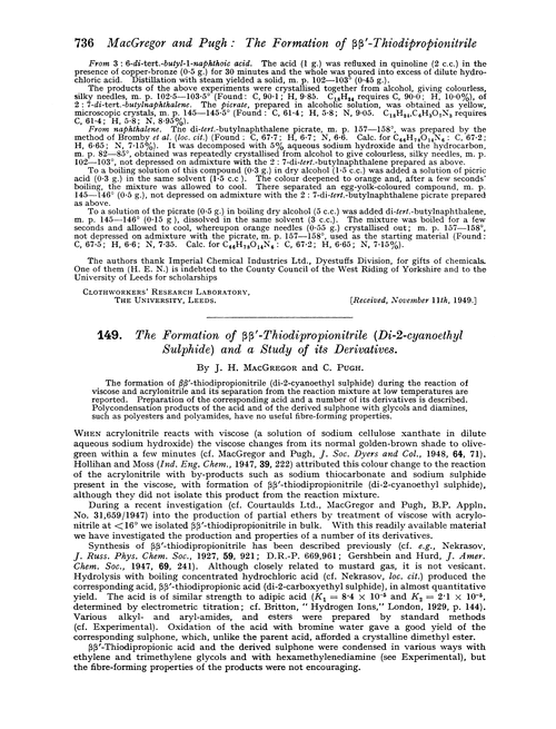 149. The formation of ββ′-thiodipropionitrile (di-2-cyanoethyl sulphide) and a study of its derivatives