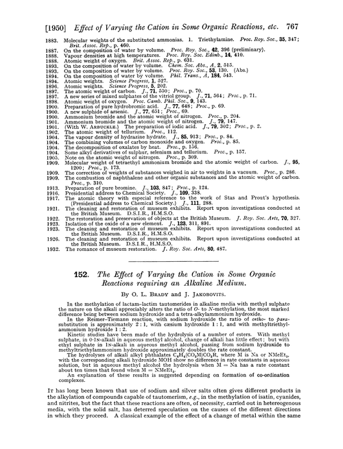 152. The effect of varying the cation in some organic reactions requiring an alkaline medium