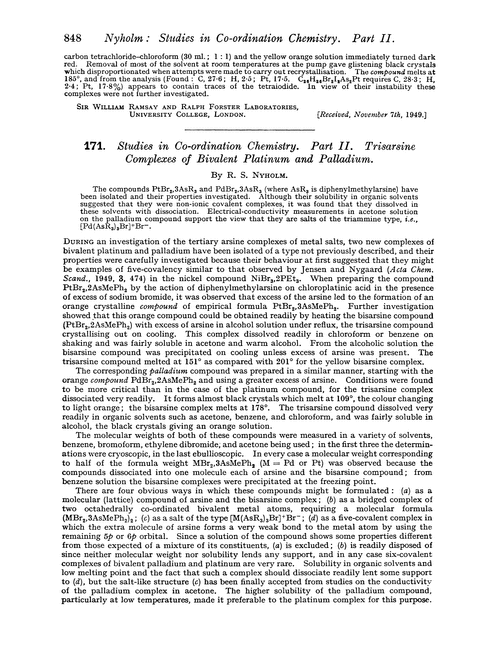 171. Studies in co-ordination chemistry. Part II. Trisarsine complexes of bivalent platinum and palladium