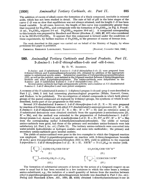 180. Aminoalkyl tertiary carbinols and derived products. Part II. 3-Amino-1 : 1-di-2′-thienyl-alkan-1-ols and -alk-1-enes