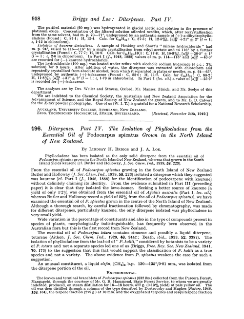 196. Diterpenes. Part IV. The isolation of phyllocladene from the essential oil of Podocarpus spicatus grown in the North Island of New Zealand