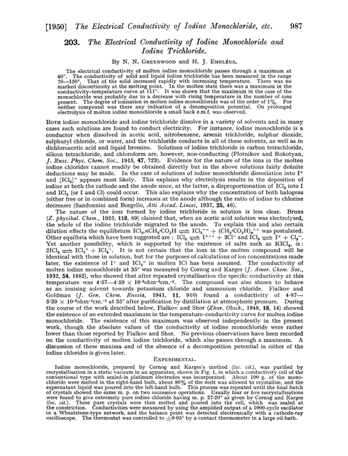 203. The electrical conductivity of iodine monochloride and iodine trichloride