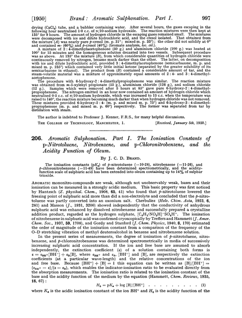 206. Aromatic sulphonation. Part I. The ionisation constants of p-nitrotoluene, nitrobenzene, and p-chloronitrobenzene, and the acidity function of oleum