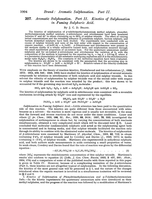 207. Aromatic sulphonation. Part II. Kinetics of sulphonation in fuming sulphuric acid