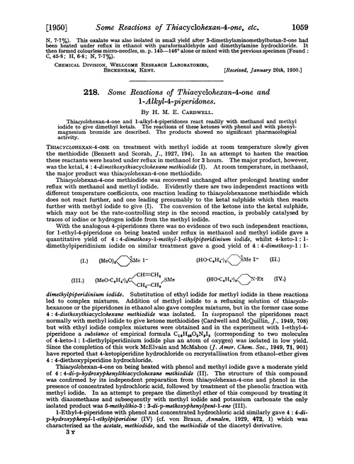 218. Some reactions of thiacyclohexan-4-one and 1-alkyl-4-piperidones