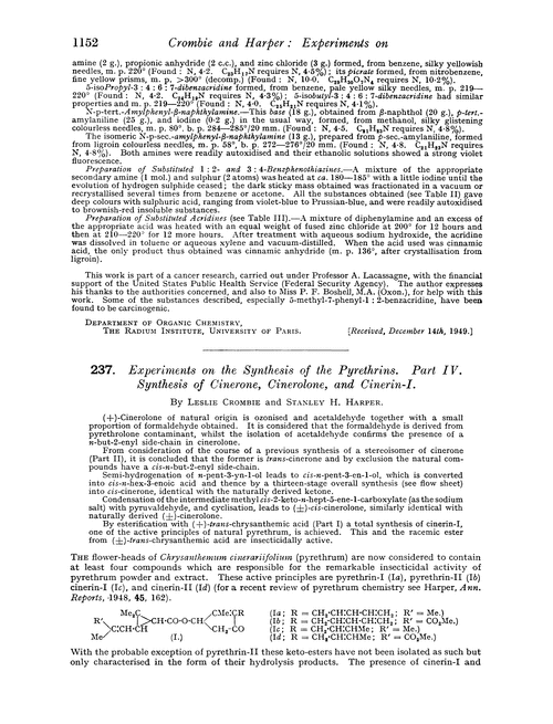 237. Experiments on the synthesis of the pyrethrins. Part IV. Synthesis of cinerone, cinerolone, and cinerin-I