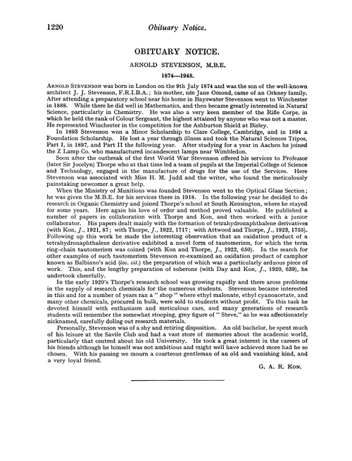 Obituary notice: Arnold Stevenson, M.B.E., 1874–1948