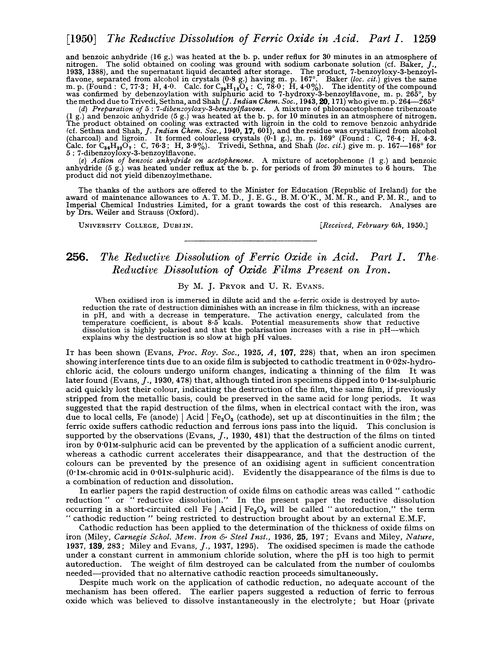 256. The reductive dissolution of ferric oxide in acid. Part I. The reductive dissolution of oxide films present on iron