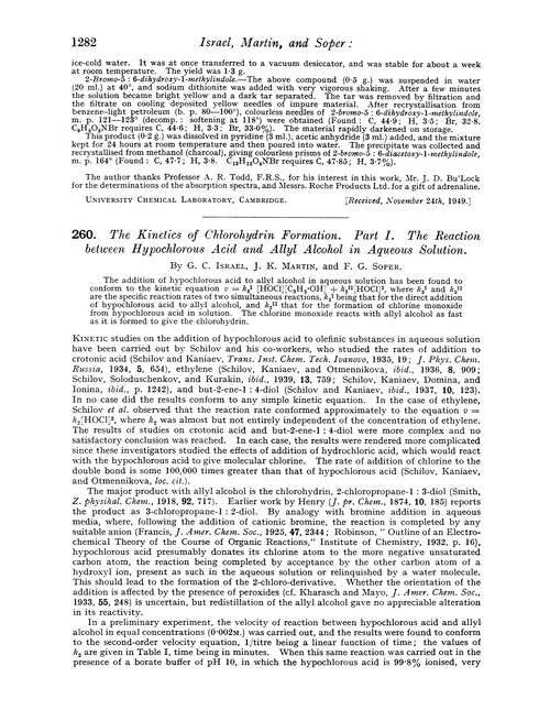 260. The kinetics of chlorohydrin formation. Part I. The reaction between hypochlorous acid and allyl alcohol in aqueous solution