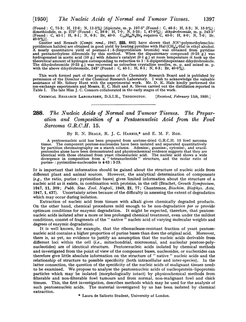 288. The nucleic acids of normal and tumour tissues. The preparation and composition of a pentosenucleic acid from the fowl sarcoma G.R.C.H. 15