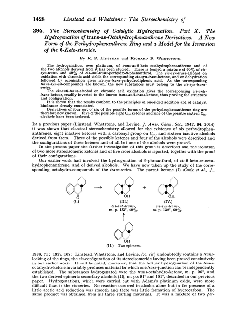 294. The stereochemistry of catalytic hydrogenation. Part X. The hydrogenation of trans-as-octahydrophenanthrene derivatives. A new form of the perhydrophenanthrene ring and a model for the inversion of the 6-keto-steroids