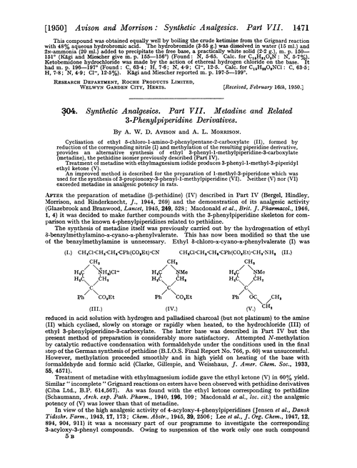 304. Synthetic analgesics. Part VII. Metadine and related 3-phenylpiperidine derivatives