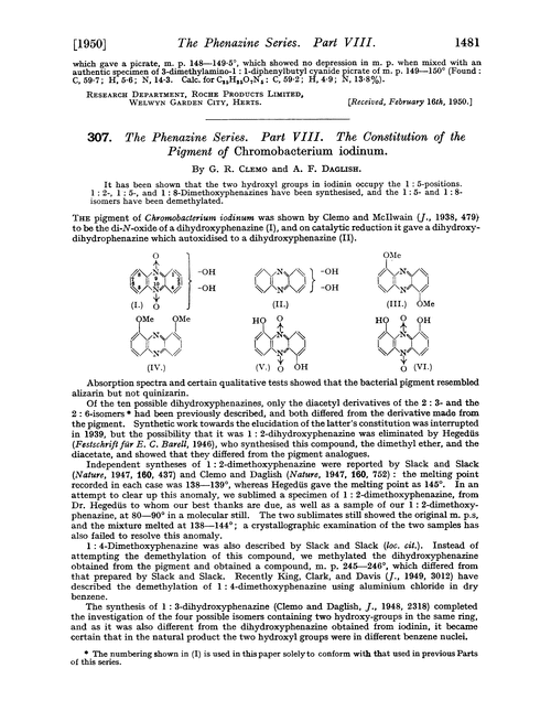 307. The phenazine series. Part VIII. The constitution of the pigment of Chromobacterium iodinum