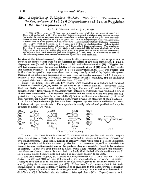324. Anhydrides of polyhydric alcohols. Part XIV. Observations on the ring scission of 1 : 2-5 : 6-diepoxyhexane and 3 : 4-isopropylidene 1 : 2-5 : 6-dianhydromannitol