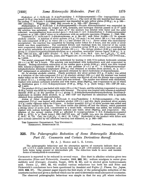 325. The polarographic reduction of some heterocyclic molecules. Part II. Coumarin and certain derivatives thereof