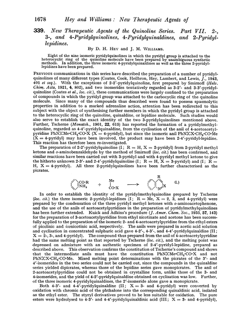 339. New therapeutic agents of the quinoline series. Part VII. 2-, 3-, and 4-Pyridylquinolines, 4-pyridylquinaldines, and 2-pyridyllepidines