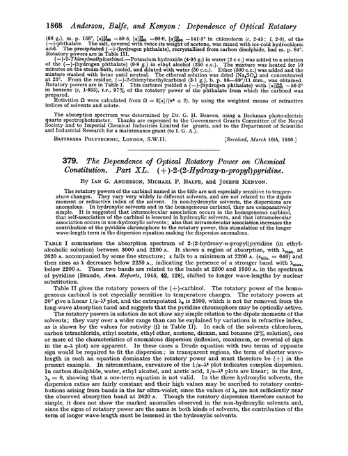 379. The dependence of optical rotatory power on chemical constitution. Part XL. (+)-2-(2-Hydroxy-n-propyl)pyridine